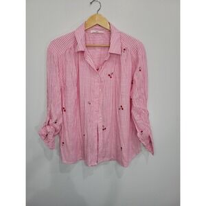 JANE + DELANCY Pink Stripe Cherry Embroidered Long Slv Button Up Shirt Womens XL